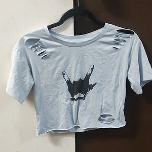 Light Blue Distressed Cropped Tee with Black Hand Graphic
